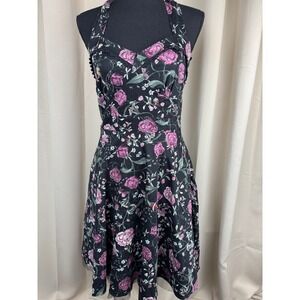 Hot Topic Floral Insect Swing Halter Black Rose Fit & Flare Goth Cottagecore  S